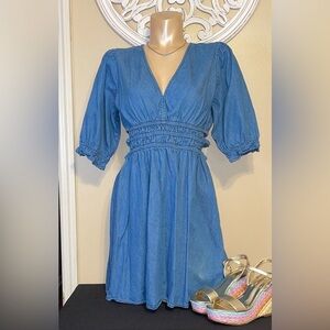 Speed limit women large 12 14 dress mini Blue Denim Jean cut out sides fit flare